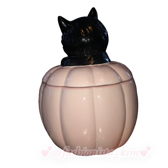 ©️Cobwebs & Cauldrons Pink jack-o-lantern pumpkin canister with black cat topper - Picture 5 of 9